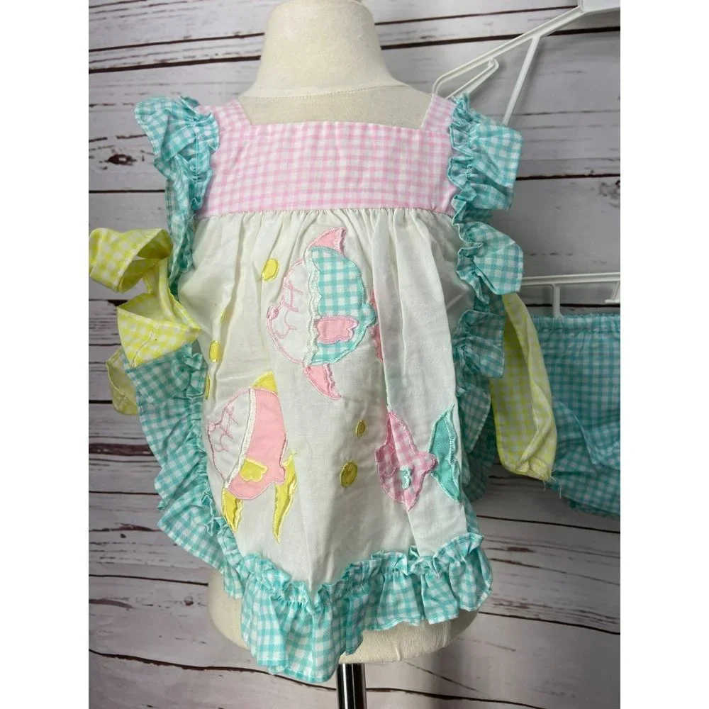 Broadway Kids Aqua Pink Gingham Smock Fish Tie Side Size 18 Months Two Piece Set